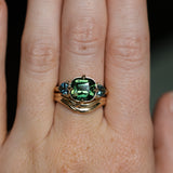 4.08ct Cushion Cut Green Madagascar Sapphire and Trillion Australian Sapphire Antique Compass Set Low Profile Ring in 14k Yellow Gold