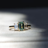 1.52ct Emerald Cut Parti Sapphire and Lab Grown Diamond Three Stone Low Profile Ring in 14k Yellow Gold