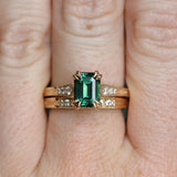 2.11ct Emerald Cut Teal Green Madagascar Sapphire and Diamond Vintage Cathedral Double Prong Ring in 14k Yellow Gold