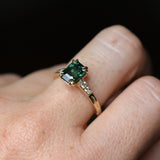 2.11ct Emerald Cut Teal Green Madagascar Sapphire and Diamond Vintage Cathedral Double Prong Ring in 14k Yellow Gold