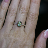 1.11ct Elongated Cushion Australian Parti Sapphire Low Profile Bezel Solitaire Ring with Pavé Set Diamonds in 14k Yellow Gold