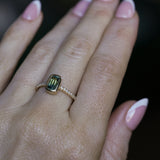 1.11ct Elongated Cushion Australian Parti Sapphire Low Profile Bezel Solitaire Ring with Pavé Set Diamonds in 14k Yellow Gold