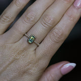 1.11ct Elongated Cushion Australian Parti Sapphire Low Profile Bezel Solitaire Ring with Pavé Set Diamonds in 14k Yellow Gold