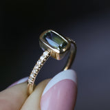 1.11ct Elongated Cushion Australian Parti Sapphire Low Profile Bezel Solitaire Ring with Pavé Set Diamonds in 14k Yellow Gold