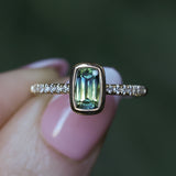 1.11ct Elongated Cushion Australian Parti Sapphire Low Profile Bezel Solitaire Ring with Pavé Set Diamonds in 14k Yellow Gold