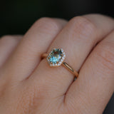 1.11ct Oval Untreated Montana Sapphire Hexagon Diamond Halo Stackable Ring in 14k Yellow Gold
