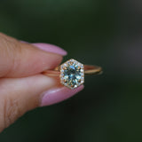 1.11ct Oval Untreated Montana Sapphire Hexagon Diamond Halo Stackable Ring in 14k Yellow Gold