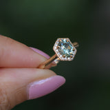 1.11ct Oval Untreated Montana Sapphire Hexagon Diamond Halo Stackable Ring in 14k Yellow Gold