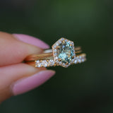 1.11ct Oval Untreated Montana Sapphire Hexagon Diamond Halo Stackable Ring in 14k Yellow Gold