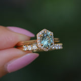 1.11ct Oval Untreated Montana Sapphire Hexagon Diamond Halo Stackable Ring in 14k Yellow Gold