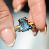 4.25ct Antique Style Elongated Cushion Untreated Montana Sapphire Vine Cathedral Four Prong Ring in 18k Yellow Gold