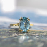 4.25ct Antique Style Elongated Cushion Untreated Montana Sapphire Vine Cathedral Four Prong Ring in 18k Yellow Gold