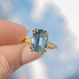 4.25ct Antique Style Elongated Cushion Untreated Montana Sapphire Vine Cathedral Four Prong Ring in 18k Yellow Gold