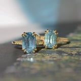 4.25ct Antique Style Elongated Cushion Untreated Montana Sapphire Vine Cathedral Four Prong Ring in 18k Yellow Gold