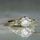0.96ct Antique Old Mine Cut Diamond and Trillion Seafoam Montana Sapphire Antique Style Compass Set Low Profile Ring with Milgrain in 18k Yellow Gold