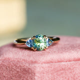 1.61ct Oval Madagascar Parti Sapphire and Trillion Sapphire Three Stone Low Profile Ring in 14k Yellow Gold