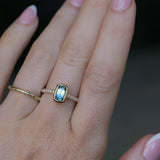 1.11ct Elongated Cushion Australian Parti Sapphire Low Profile Bezel Solitaire Ring with Pavé Set Diamonds in 14k Yellow Gold