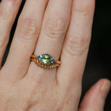 1.61ct Oval Madagascar Parti Sapphire and Trillion Sapphire Three Stone Low Profile Ring in 14k Yellow Gold