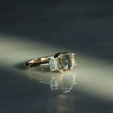 1.29ct Bezel Set Emerald Cut Untreated Montana Sapphire and Montana Sapphire Sides Three Stone Ring in 14k Yellow Gold