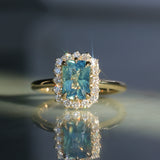 1.70ct Untreated Radiant Cut Vibrant Teal Green Sapphire Antique-Style Diamond Halo Ring in 14 Yellow Gold