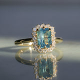 1.70ct Untreated Radiant Cut Vibrant Teal Green Sapphire Antique-Style Diamond Halo Ring in 14 Yellow Gold
