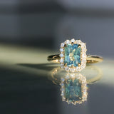1.70ct Untreated Radiant Cut Vibrant Teal Green Sapphire Antique-Style Diamond Halo Ring in 14 Yellow Gold