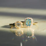 1.05ct GIA Antique Old European Cut Diamond and Trillion Madagascar Sapphire Antique Style Compass Set Low Profile Ring with Milgrain in 18k Yellow Gold