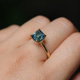 2.67ct Untreated Radiant Cut Montana Sapphire Four Prong Cathedral Solitaire in 18k Yellow Gold