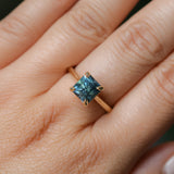 2.67ct Untreated Radiant Cut Montana Sapphire Four Prong Cathedral Solitaire in 18k Yellow Gold