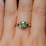 1.86ct Emerald Cut Parti Madagascar Sapphire and Trillion Sapphire Compass Set Low Profile Ring in 18k Yellow Gold
