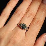 1.29ct Bezel Set Emerald Cut Untreated Montana Sapphire and Montana Sapphire Sides Three Stone Ring in 14k Yellow Gold