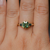 1.86ct Emerald Cut Parti Madagascar Sapphire and Trillion Sapphire Compass Set Low Profile Ring in 18k Yellow Gold