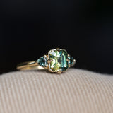 1.86ct Emerald Cut Parti Madagascar Sapphire and Trillion Sapphire Compass Set Low Profile Ring in 18k Yellow Gold
