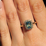 1.70ct Untreated Radiant Cut Vibrant Teal Green Sapphire Antique-Style Diamond Halo Ring in 14 Yellow Gold