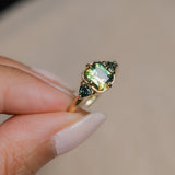 1.86ct Emerald Cut Parti Madagascar Sapphire and Trillion Sapphire Compass Set Low Profile Ring in 18k Yellow Gold