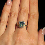 1.70ct Untreated Radiant Cut Vibrant Teal Green Sapphire Antique-Style Diamond Halo Ring in 14 Yellow Gold