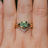 1.86ct Emerald Cut Parti Madagascar Sapphire and Trillion Sapphire Compass Set Low Profile Ring in 18k Yellow Gold