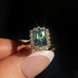 1.70ct Untreated Radiant Cut Vibrant Teal Green Sapphire Antique-Style Diamond Halo Ring in 14 Yellow Gold