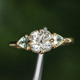 0.96ct Antique Old Mine Cut Diamond and Trillion Seafoam Montana Sapphire Antique Style Compass Set Low Profile Ring with Milgrain in 18k Yellow Gold