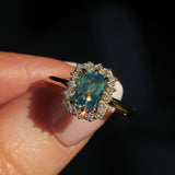 1.70ct Untreated Radiant Cut Vibrant Teal Green Sapphire Antique-Style Diamond Halo Ring in 14 Yellow Gold