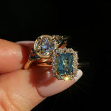 1.70ct Untreated Radiant Cut Vibrant Teal Green Sapphire Antique-Style Diamond Halo Ring in 14 Yellow Gold