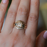 1.05ct GIA Antique Old European Cut Diamond and Trillion Madagascar Sapphire Antique Style Compass Set Low Profile Ring with Milgrain in 18k Yellow Gold