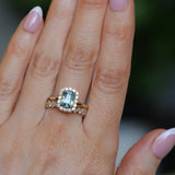 1.70ct Untreated Radiant Cut Vibrant Teal Green Sapphire Antique-Style Diamond Halo Ring in 14 Yellow Gold