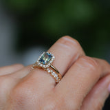1.70ct Untreated Radiant Cut Vibrant Teal Green Sapphire Antique-Style Diamond Halo Ring in 14 Yellow Gold