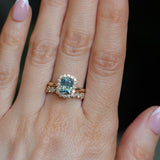 1.70ct Untreated Radiant Cut Vibrant Teal Green Sapphire Antique-Style Diamond Halo Ring in 14 Yellow Gold