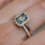 1.70ct Untreated Radiant Cut Vibrant Teal Green Sapphire Antique-Style Diamond Halo Ring in 14 Yellow Gold