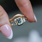 1.29ct Bezel Set Emerald Cut Untreated Montana Sapphire and Montana Sapphire Sides Three Stone Ring in 14k Yellow Gold