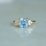 3.38ct Untreated Montana Sapphire Cushion Cut Marquise Diamond Cluster Ring in 18k Yellow Gold