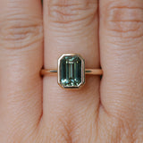 2.62ct Teal Green Emerald Cut Sapphire Low Profile Bezel Ring in 14k Yellow Gold