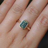 2.62ct Teal Green Emerald Cut Sapphire Low Profile Bezel Ring in 14k Yellow Gold